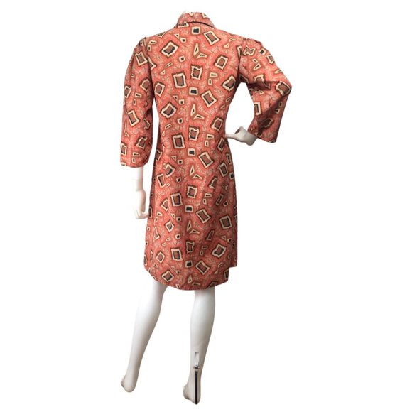 Vintage Abstract Print Dress 1970s Orange Brown Mod Print Handmade Size Large - Picture 5 of 6